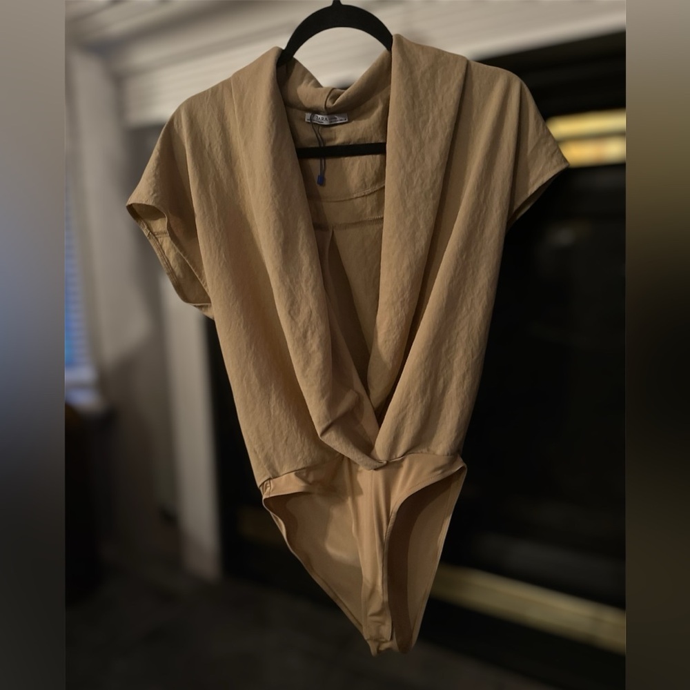 Zara Tan Wrap Bodysuit with Cap Sleeves